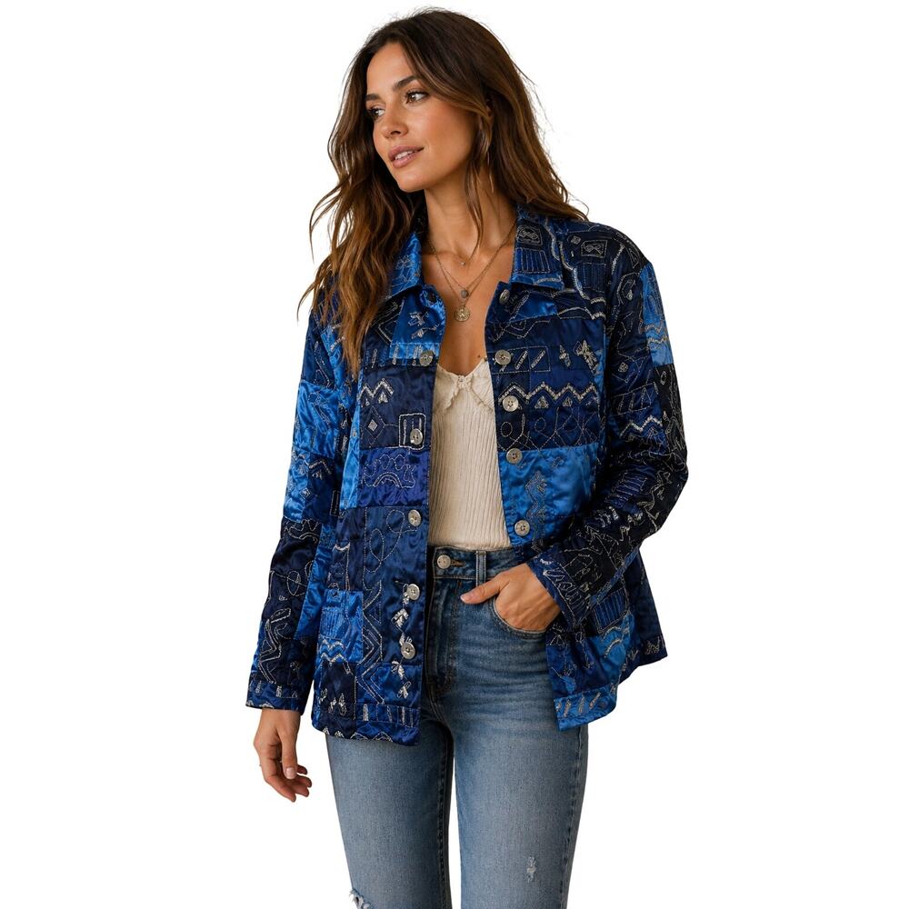 French Laundry XL Blue Patchwork Satin Button Front Jacket Boho